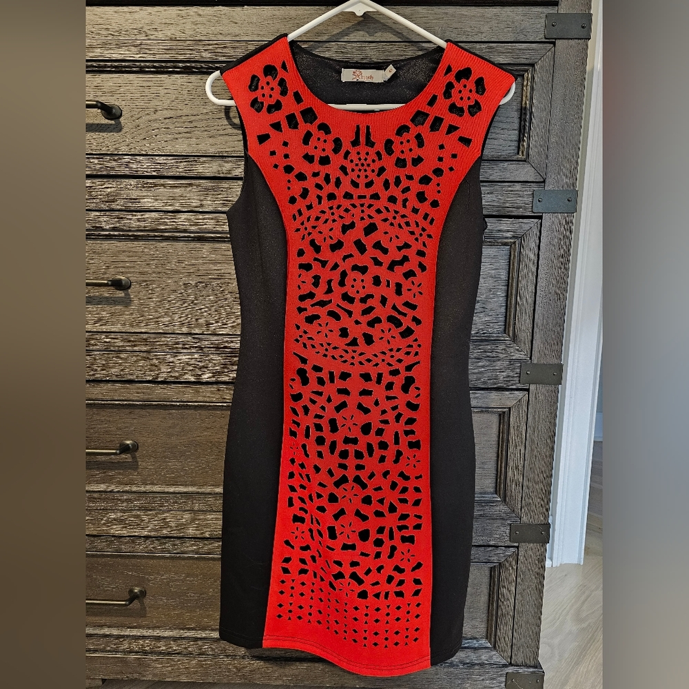 Aryeh | Red Laser Cut Over Black Sleeveless Above Knee Dress | Small